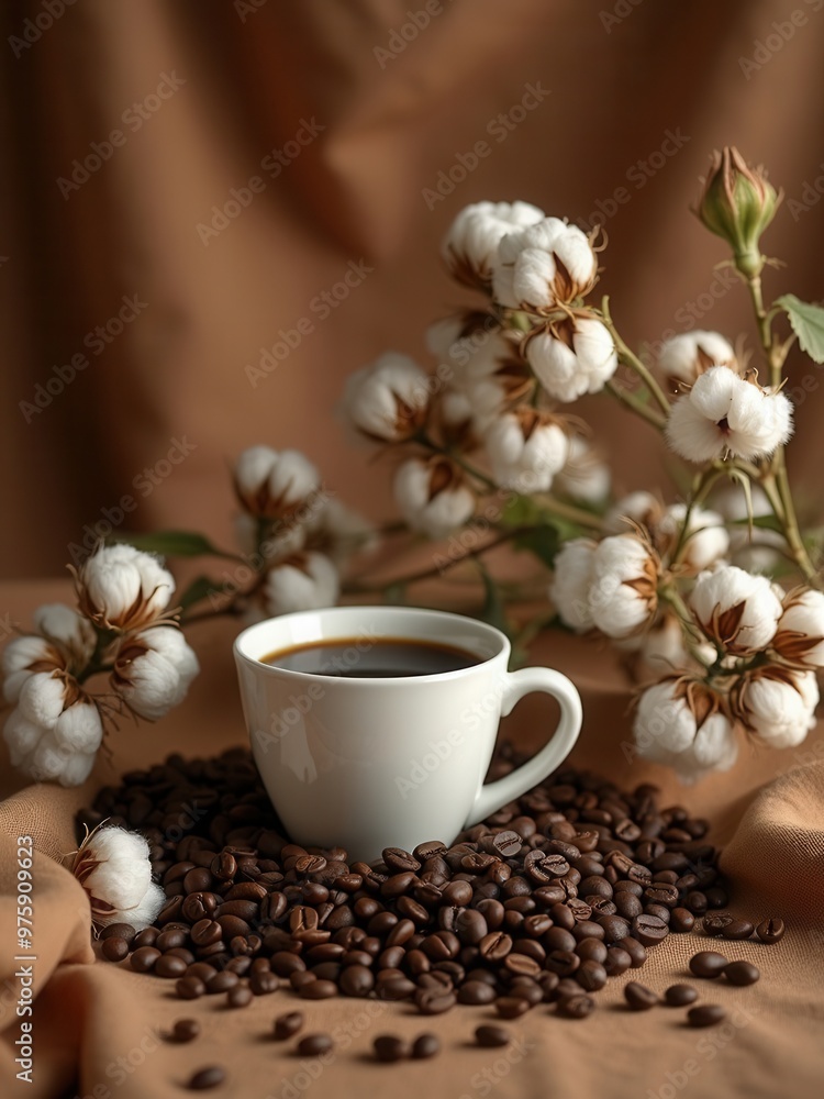 A simple and inviting coffee cup filled with black coffee, surrounded by blooming cotton flowers and a bed of coffee beans, set against a warm brown cloth background. A simple and inviting coffee cup filled with black coffee, surrounded by blooming cotton flowers and a bed of coffee beans, set against a warm brown cloth background.