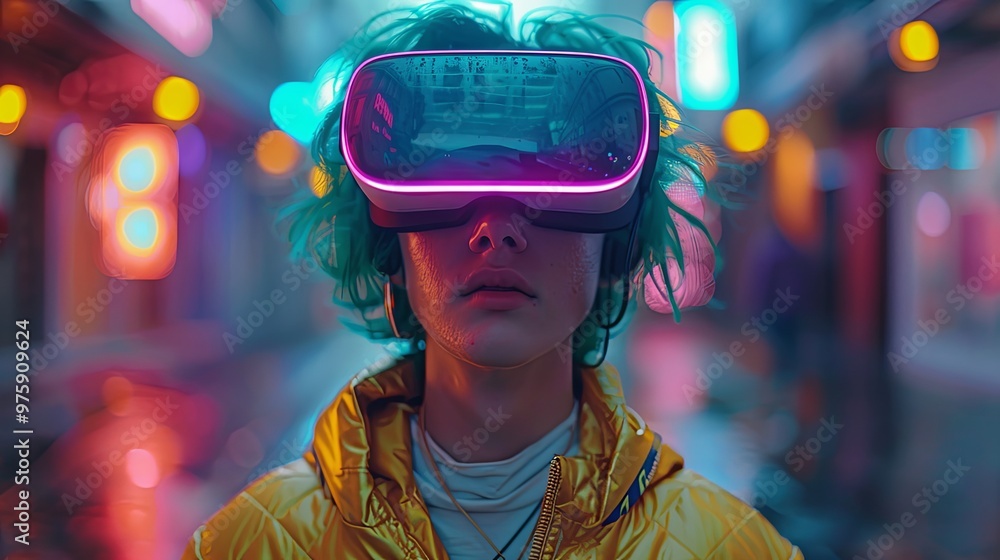 Portrait of a young man in yellow jacket with green hair using pink purple virtual reality VR headset. Abstract man wears VR floating in the air sees infographic, interface. 3d render in pastel colors Portrait of a young man in yellow jacket with green hair using pink purple virtual reality VR headset. Abstract man wears VR floating in the air sees infographic, interface. 3d render in pastel colors