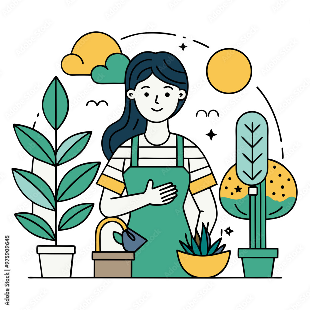 Young female enjoying gardening at home, in editable SVG vector Young female enjoying gardening at home, in editable SVG vector