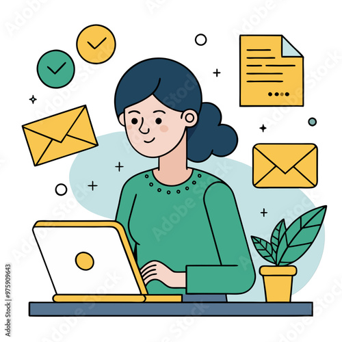 Female replying emails in office, in editable SVG vector