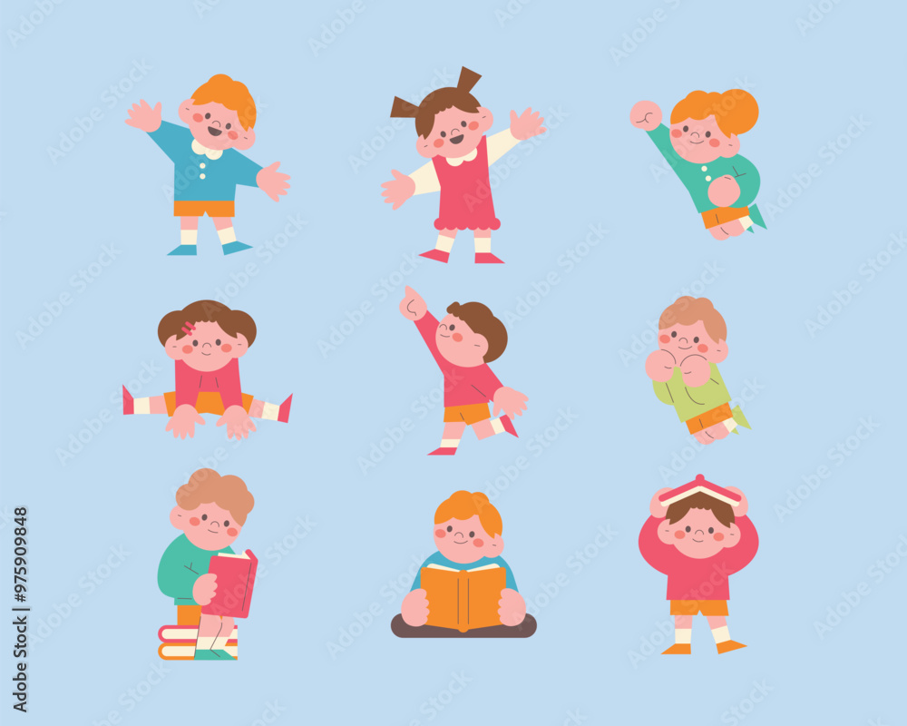 Happy girl and boy. A child reading a book. Children raising their hands. Kindergarten student. education. learning Happy girl and boy. A child reading a book. Children raising their hands. Kindergarten student. education. learning