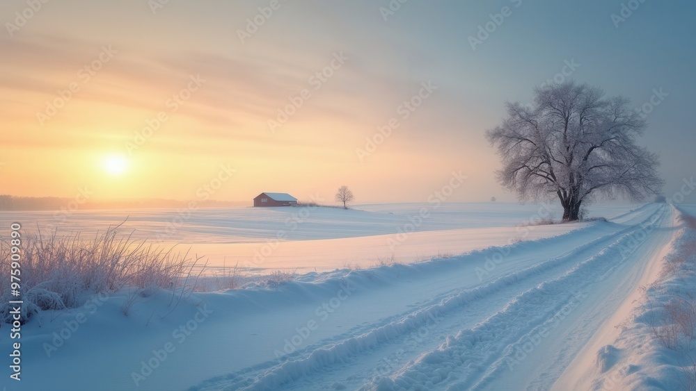 A tranquil winter sunset scene highlighting a snow-covered landscape with distinct tire tracks, a lone barn, a solitary tree standing tall, and a warm sunset glow in the distance. A tranquil winter sunset scene highlighting a snow-covered landscape with distinct tire tracks, a lone barn, a solitary tree standing tall, and a warm sunset glow in the distance.