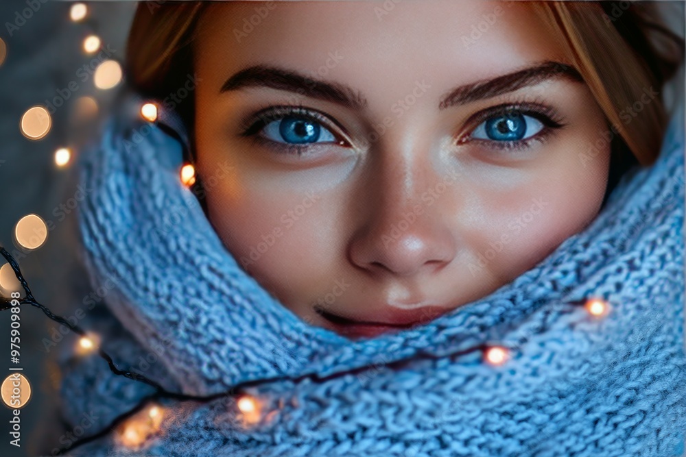 Portrait of a woman wrapped in a cozy scarf illuminated by soft blue light symbolizing warmth comfort and serenity in a peaceful winter setting Portrait of a woman wrapped in a cozy scarf illuminated by soft blue light symbolizing warmth comfort and serenity in a peaceful winter setting