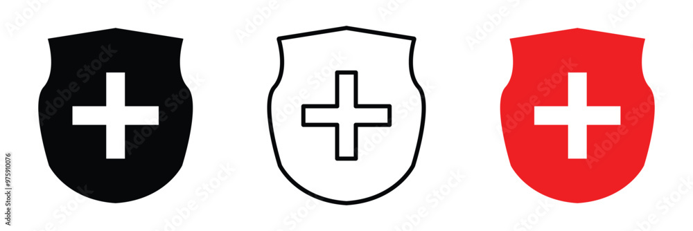 Obraz premium Health protection shield icon with medical cross and safety symbol outline in vector healthcare security design emblem for public preventive care insurance guard and wellness vector in eps 10.