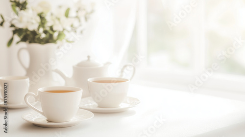 Wallpaper Mural A refined tea party setup, featuring an assortment of teas, elegant tableware, and decorative touches, presented on a clean white background. photo Torontodigital.ca