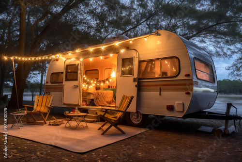 Motorhome with lighting decoration at night photo