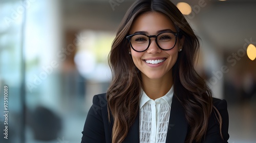 A professional woman dressed in a black suit and white blouse smiles confidently in an office, framed by a soft-focus background that enhances her approachable demeanor.