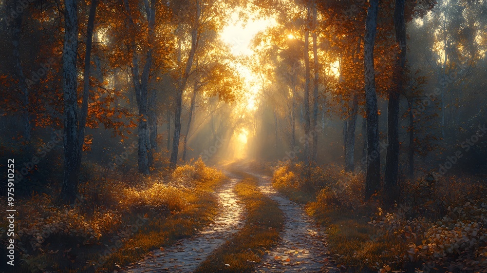 Obraz premium A sunlit forest crossroads reveals three diverging paths under bright dappled light, creating a serene and ethereal atmosphere in a misty morning scene.