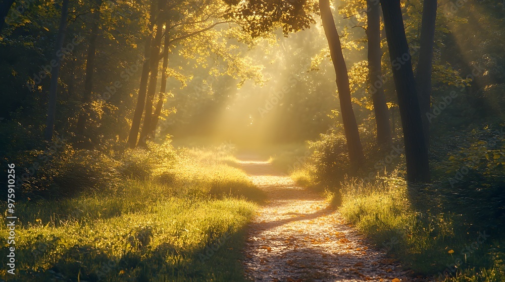 A sunlit forest crossroads reveals three diverging paths under bright dappled light, creating a serene and ethereal atmosphere in a misty morning scene. A sunlit forest crossroads reveals three diverging paths under bright dappled light, creating a serene and ethereal atmosphere in a misty morning scene.