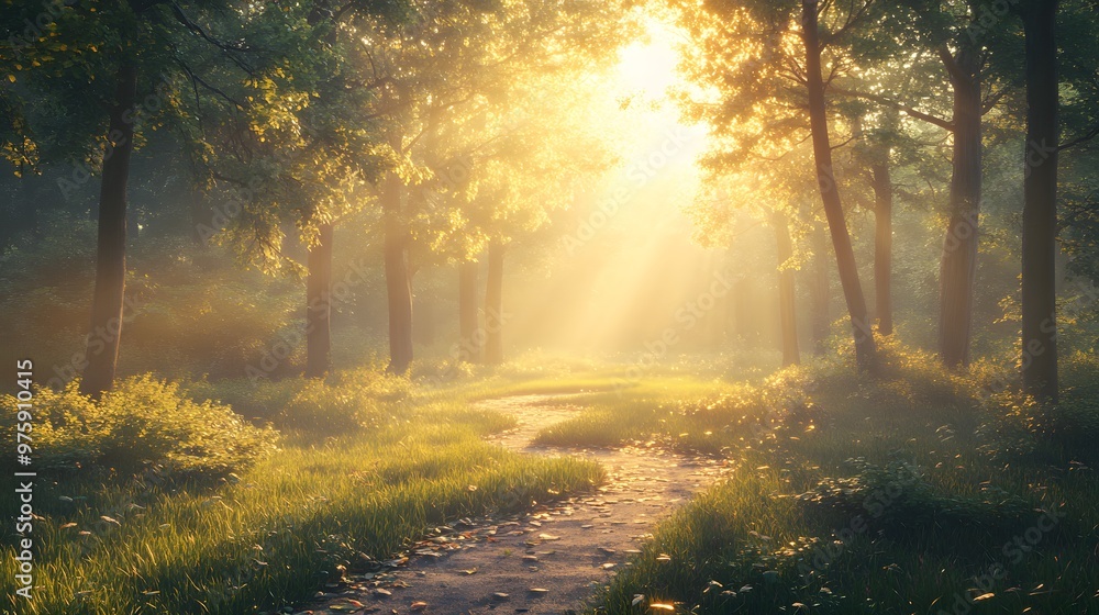 A sunlit forest crossroads reveals three diverging paths under bright dappled light, creating a serene and ethereal atmosphere in a misty morning scene. A sunlit forest crossroads reveals three diverging paths under bright dappled light, creating a serene and ethereal atmosphere in a misty morning scene.