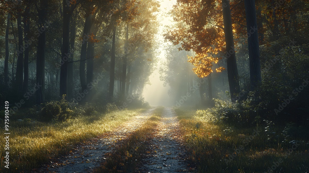 A sunlit forest crossroads reveals three diverging paths under bright dappled light, creating a serene and ethereal atmosphere in a misty morning scene. A sunlit forest crossroads reveals three diverging paths under bright dappled light, creating a serene and ethereal atmosphere in a misty morning scene.