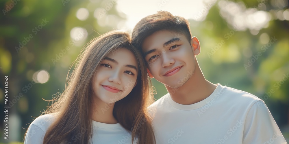 A close-up portrait of a young Asian couple wearing casual t-shirts, with a blurred background. A close-up portrait of a young Asian couple wearing casual t-shirts, with a blurred background.
