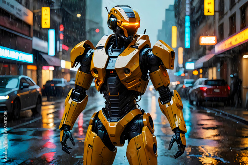 Yellow Robot in a Rainy City.