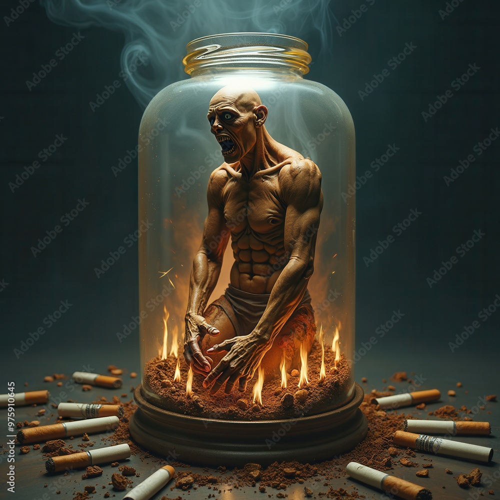 A metaphorical image showing a muscular man in a jar under duress, surrounded by burning cigarettes and soil, representing entrapment, addiction, and health struggles in a surreal setting.