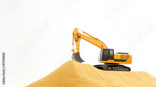 A heavy-duty excavator parked on a mound of yellow sand, displayed against a bright white background for a sharp, industrial look. photo photo