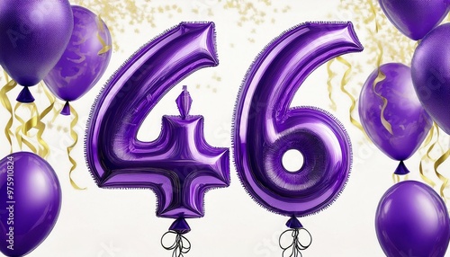 Purple birthday / anniversary balloon, number 46, white background with confetti