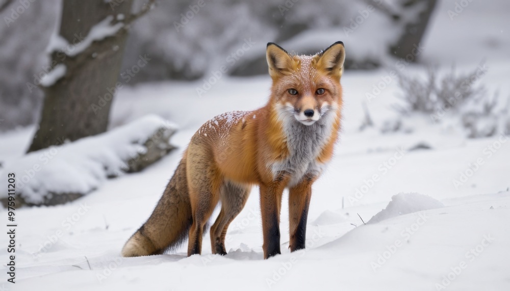 fox standing in the winter forest on the snow fox standing in the winter forest on the snow