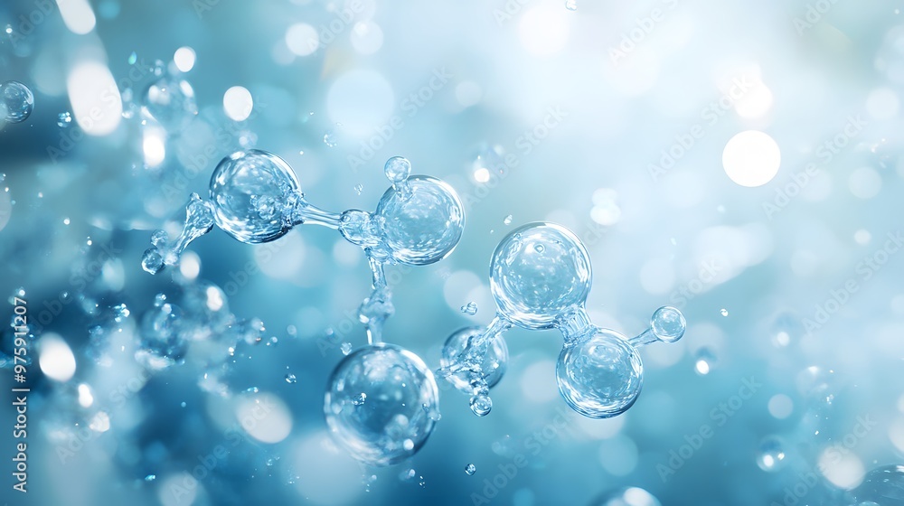 Translucent light blue water molecules are depicted in macro detail, showcasing crystal-clear spheres and floating bubbles in a soft-focus, scientific visualization. Translucent light blue water molecules are depicted in macro detail, showcasing crystal-clear spheres and floating bubbles in a soft-focus, scientific visualization.