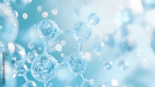 Wallpaper Mural Translucent light blue water molecules are depicted in macro detail, showcasing crystal-clear spheres and floating bubbles in a soft-focus, scientific visualization. Torontodigital.ca