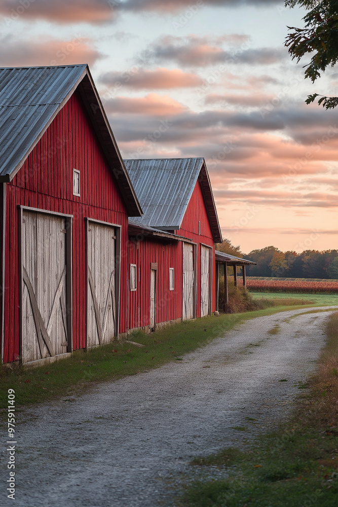 Red barn and path in a farm, sunset Red barn and path in a farm, sunset