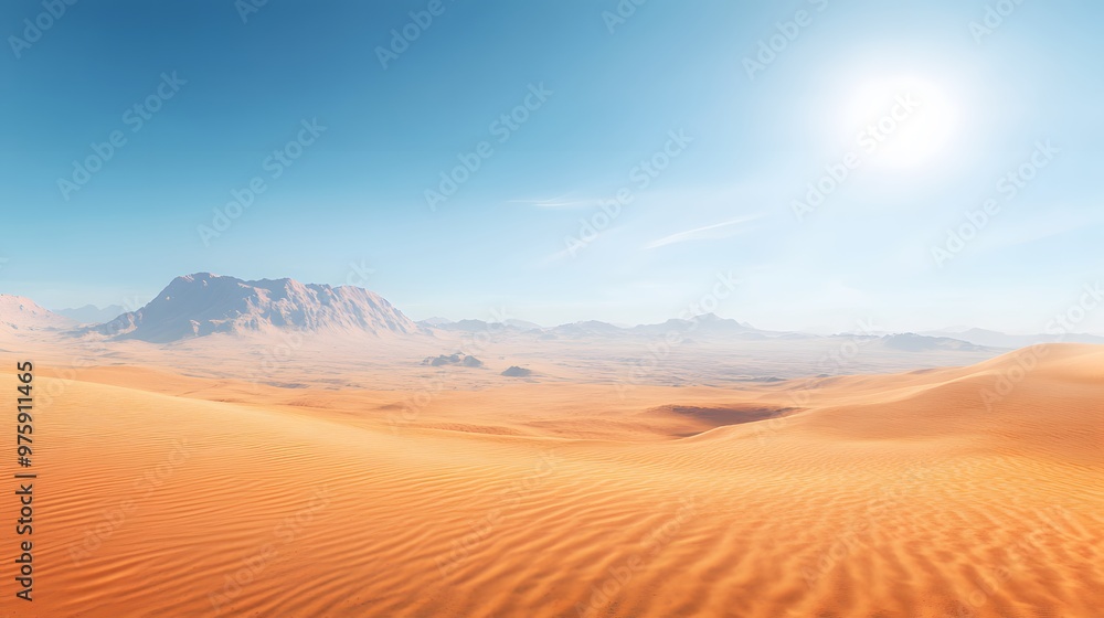 A vast desert landscape features golden sand dunes under a clear sky and bright sunlight, with crisp shadows and a distant mountain range highlighted in vivid detail. A vast desert landscape features golden sand dunes under a clear sky and bright sunlight, with crisp shadows and a distant mountain range highlighted in vivid detail.