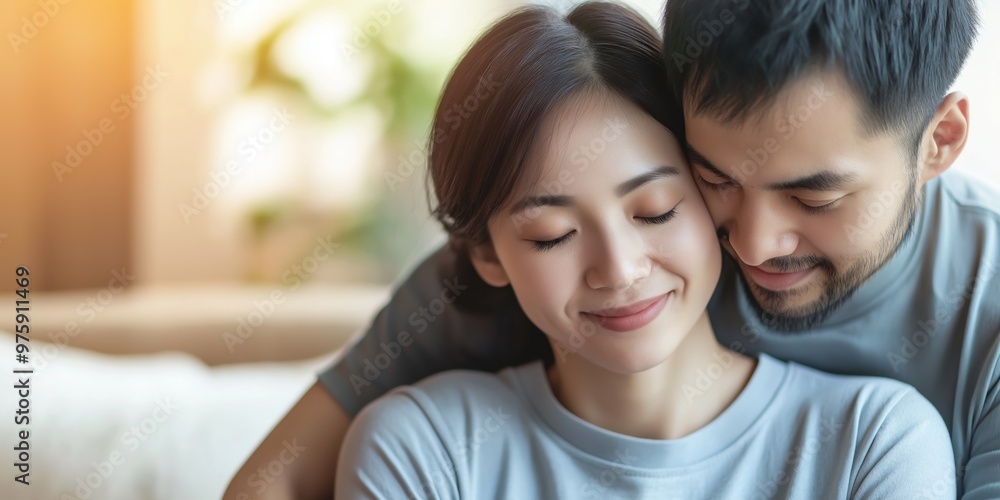 A close-up portrait of a young Asian couple wearing casual t-shirts, with a blurred background. A close-up portrait of a young Asian couple wearing casual t-shirts, with a blurred background.