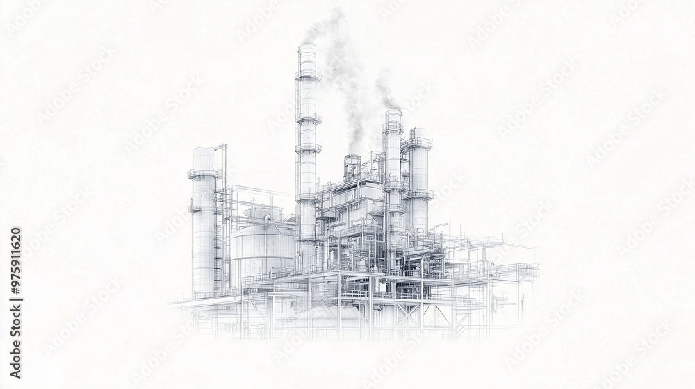 A line drawing of a metallurgical plant, highlighting its industrial components and layout, presented on a white background for clarity. photo A line drawing of a metallurgical plant, highlighting its industrial components and layout, presented on a white background for clarity. photo