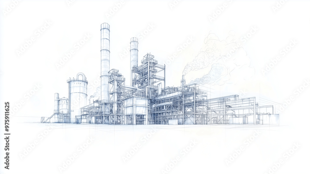 Obraz premium A line drawing of a metallurgical plant, highlighting its industrial components and layout, presented on a white background for clarity. photo