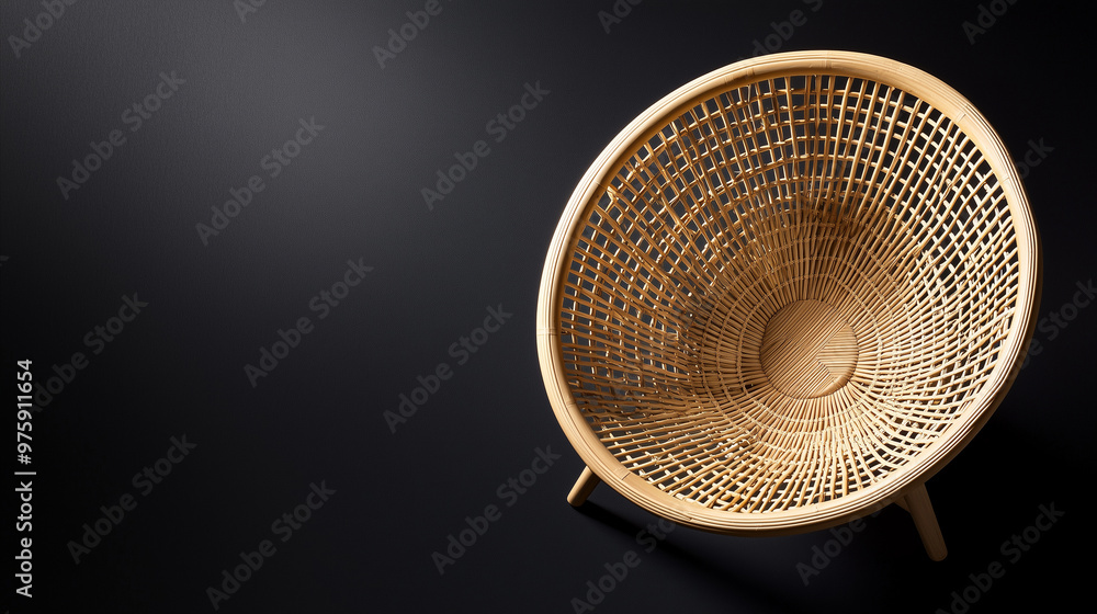 Obraz premium A rattan chair illuminated from above, showcasing its texture and design, set against a transparent background for a clean, versatile look. photo