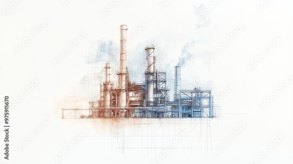 Obraz premium An artistic sketch of a metallurgical plant, showing intricate details of industrial equipment and processes, with a plain white background for emphasis. photo
