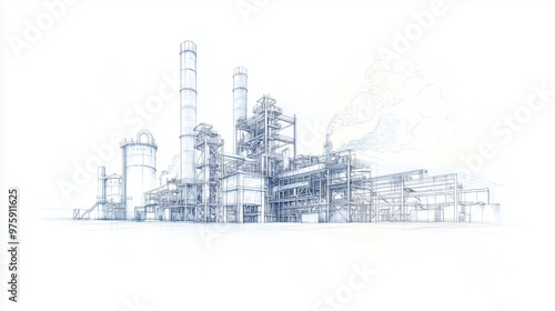 A line drawing of a metallurgical plant, highlighting its industrial components and layout, presented on a white background for clarity. photo