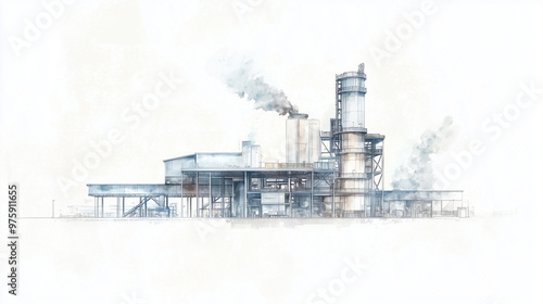 An artistic sketch of a metallurgical plant, showing intricate details of industrial equipment and processes, with a plain white background for emphasis. photo