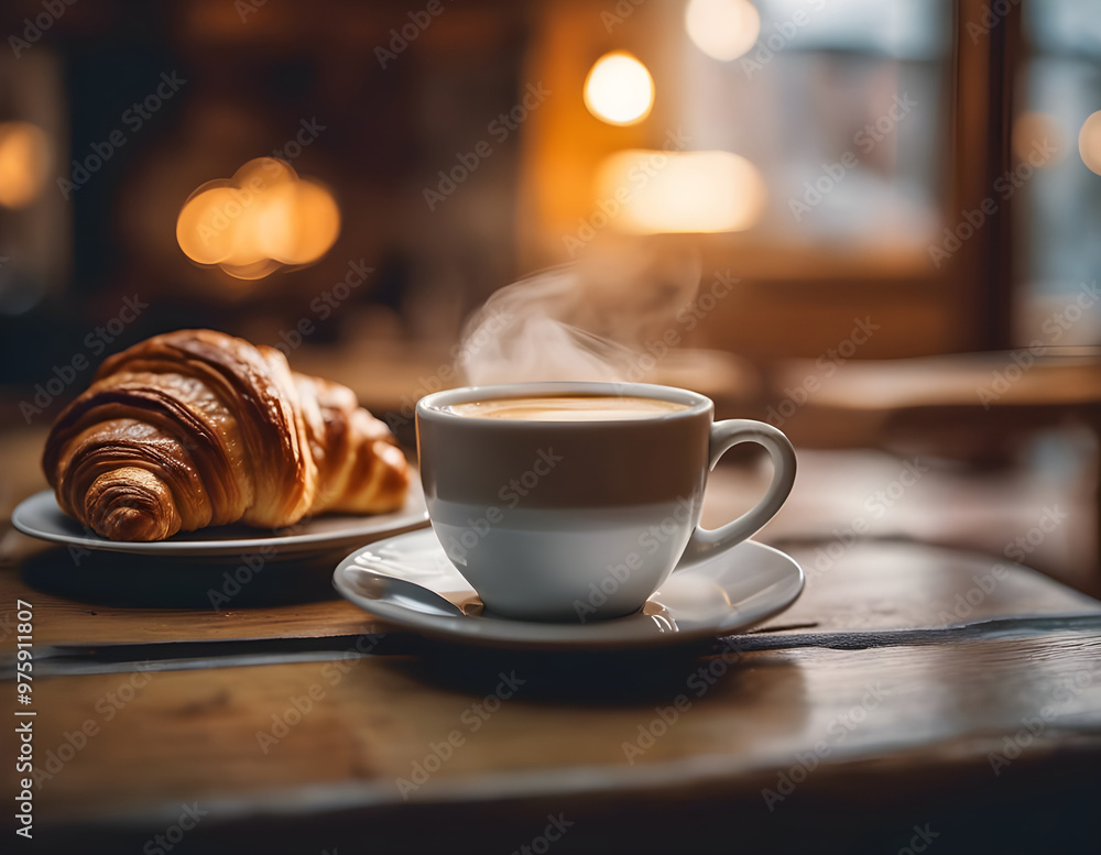 Croissant and aromatic coffee in a white cup on a white plate on a table on a blurred background Croissant and aromatic coffee in a white cup on a white plate on a table on a blurred background