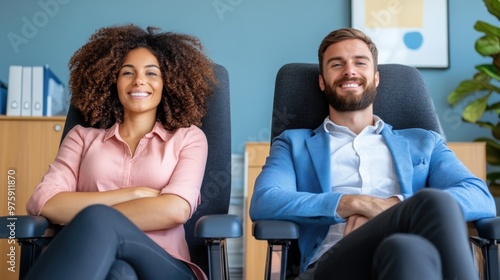 A man and woman sitting in chairs smiling at each other, AI
