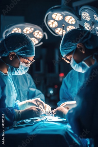 Medical operation in progress with focused surgeons side view soft sterile lighting