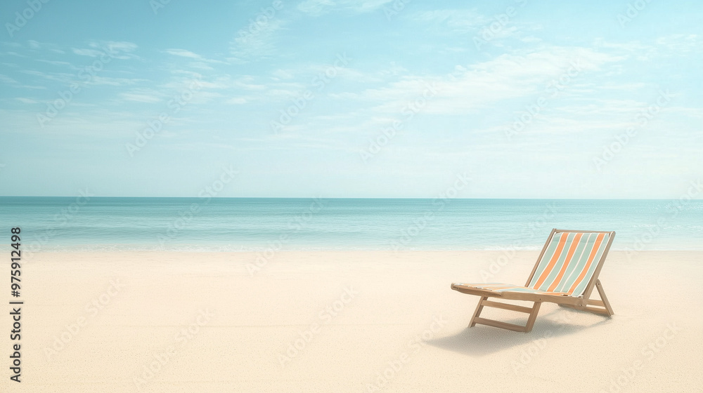 A lone chaise lounge with colorful stripes, positioned on a sandy beach, creating a vibrant and relaxing scene against the shoreline. photo A lone chaise lounge with colorful stripes, positioned on a sandy beach, creating a vibrant and relaxing scene against the shoreline. photo