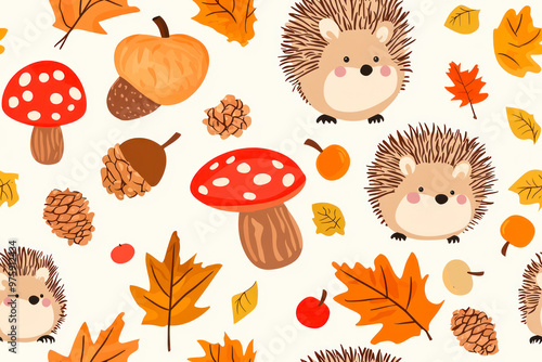 Autumn seamless pattern with cartoon hedgehogs, mushroom, acorn, apple, cone.