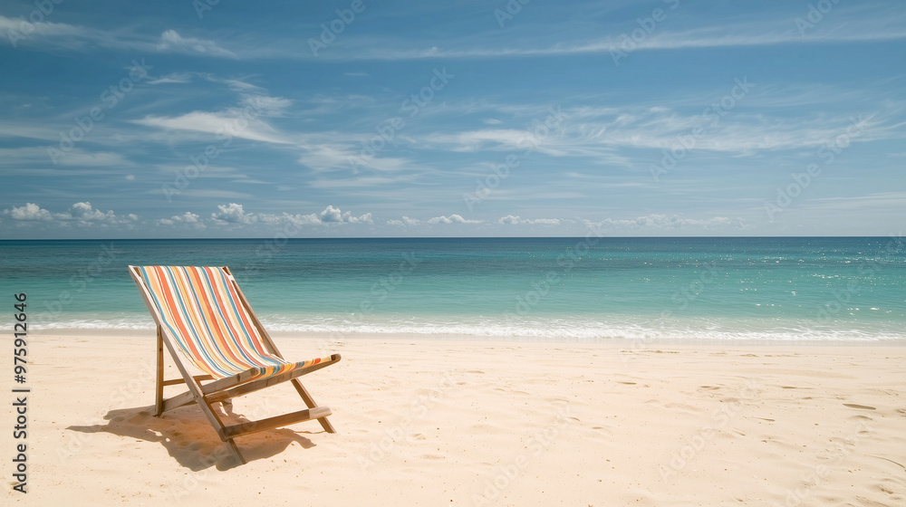 A colorful striped chaise lounge set on a sandy beach, inviting relaxation with its vivid pattern and tranquil beach setting. photo A colorful striped chaise lounge set on a sandy beach, inviting relaxation with its vivid pattern and tranquil beach setting. photo