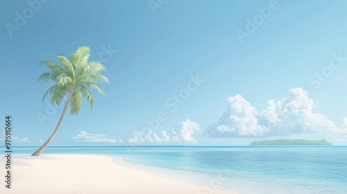 A detailed illustration of a tropical island with a palm tree, showcasing a serene and picturesque beach scene. photo