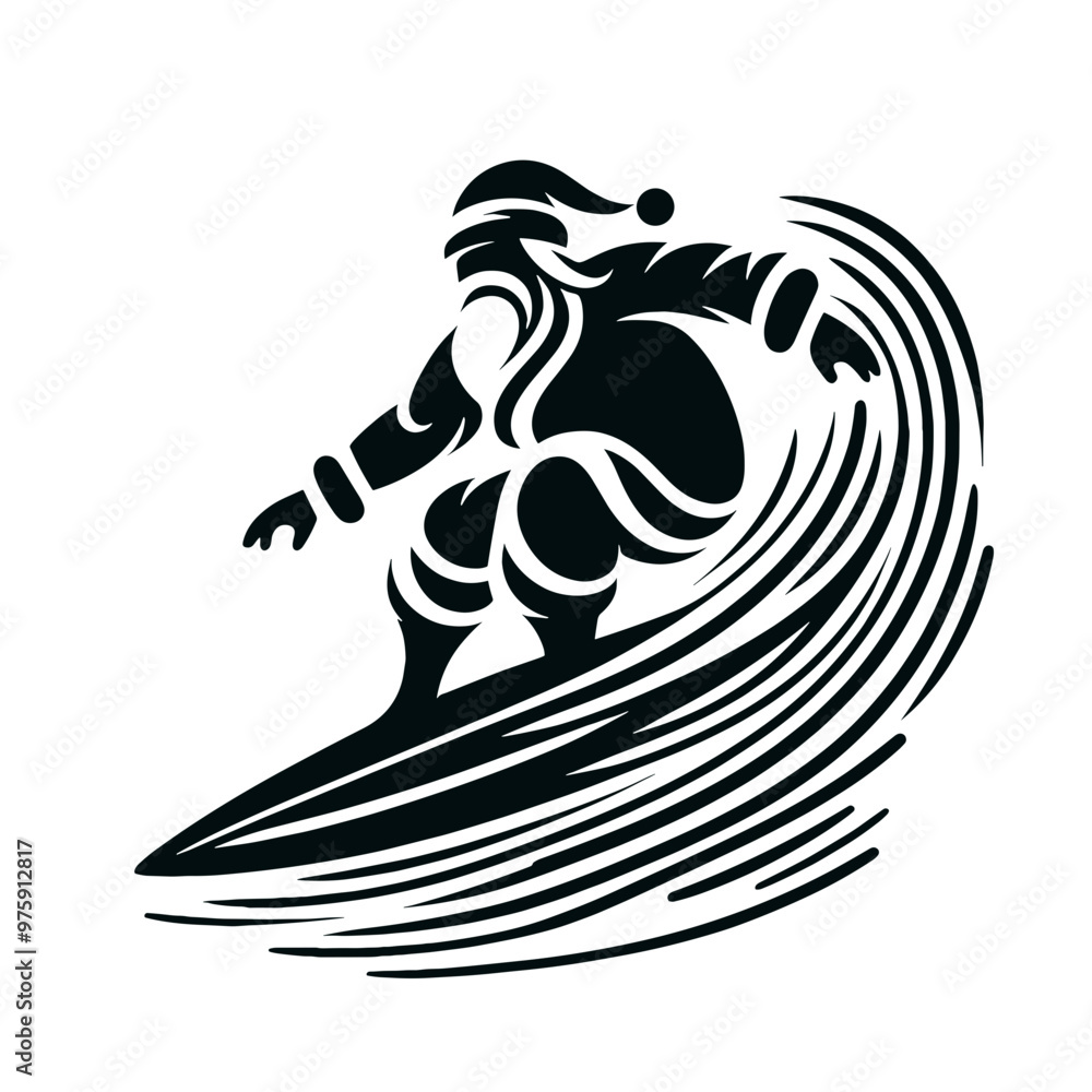 New Year and Christmas art, a black and white silhouette of Santa catches a wave on a surfboard, Santa surfer, minimalist stroke, minimalist art style, vector, isolated, transparent background New Year and Christmas art, a black and white silhouette of Santa catches a wave on a surfboard, Santa surfer, minimalist stroke, minimalist art style, vector, isolated, transparent background