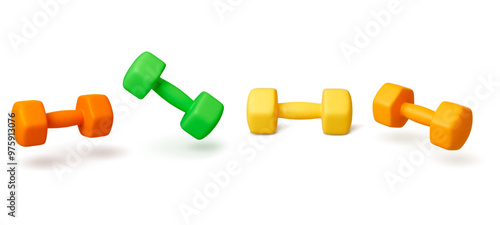 3d realistic dumbbells. Realistic vibrant dumbbell various rotate. Isolated fitness gym athletics equipment, sport workout tool, pithy vector set