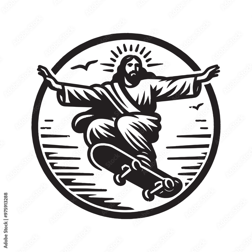 Jesus on a skateboard. abstract vector black hand drawn illustration. Tattoo, print, sketch Jesus on a skateboard. abstract vector black hand drawn illustration. Tattoo, print, sketch