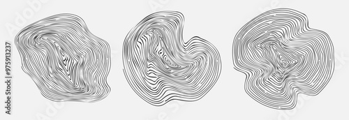 Set of abstract wavy wood circle. Hand drawn tree ring pattern. Abstract ripple circular concentric texture. Organic shape