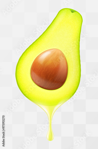 Drop of oily liquid flowing from a half of avocado isolated on a transparent background. Green avocado for healthy eating. Realistic 3d vector illustration.