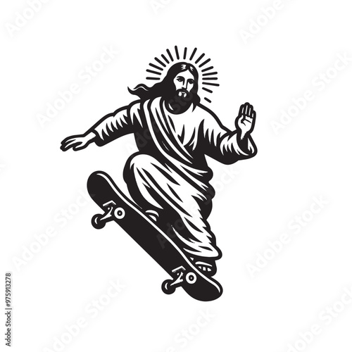 Jesus on a skateboard. abstract vector black hand drawn illustration. Tattoo, print, sketch