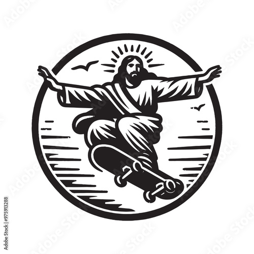 Jesus on a skateboard. abstract vector black hand drawn illustration. Tattoo, print, sketch