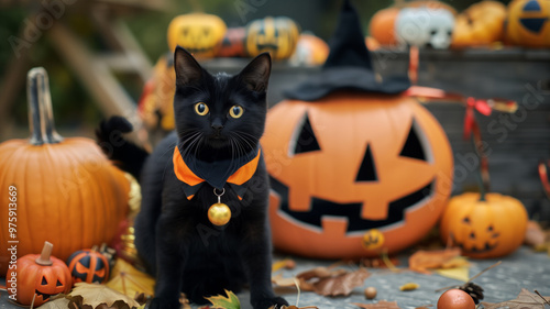 Close-up of a black cute cat sitting between two halloween pumpkins