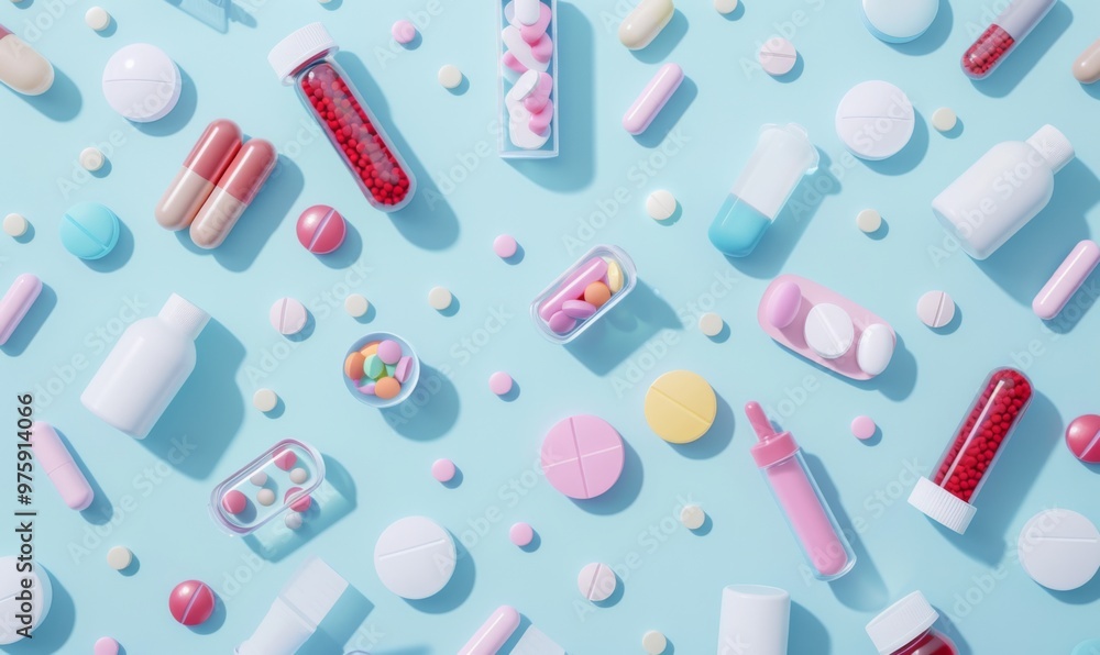 Pills and medical equiupments on light blue banner background Pills and medical equiupments on light blue banner background