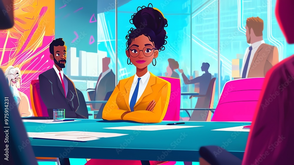 Animated business meeting with diverse professionals in modern office setting, featuring confident woman in yellow blazer. Animated business meeting with diverse professionals in modern office setting, featuring confident woman in yellow blazer.