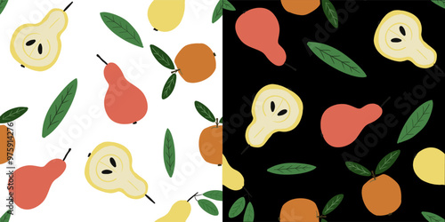 Set of seamless patterns with pears and apple on the white and black background. Flat design.